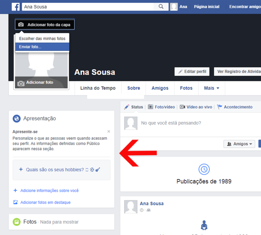 Você perceberá que o Facebook te direciona a preencher seus dados pessoais.