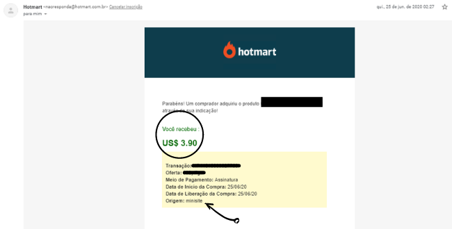 Print de Venda Realizada na Hotmart através de Mini Site feito com Blogspot, mesmo sem posicionar, usando Tráfego Orgânico do Pinterest!