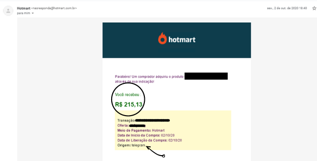 Print de Venda Realizada na Hotmart através do Meu Canal do Telegram