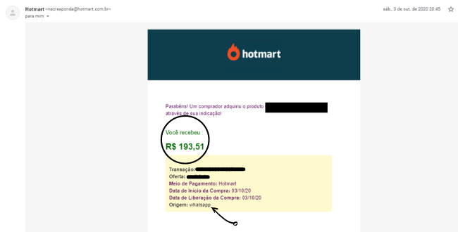 Print de Venda Realizada na Hotmart através do WhatsApp