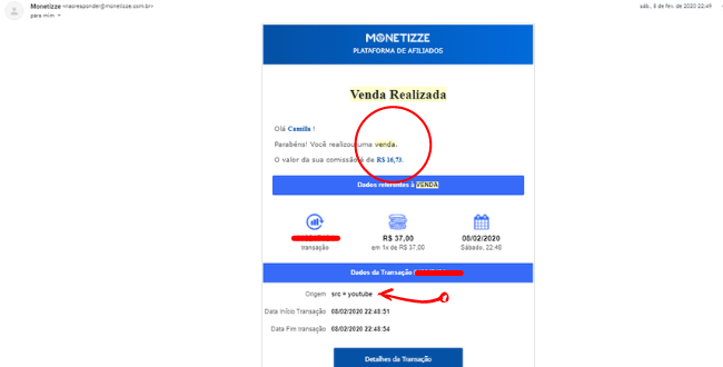 Print de Venda realizada na Monetizze através de Canal de Nicho no YouTube