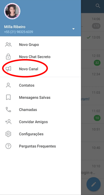 Para Criar um Canal no Telegram, Clique nos “3 pontinhos” na parte esquerda superior do App...