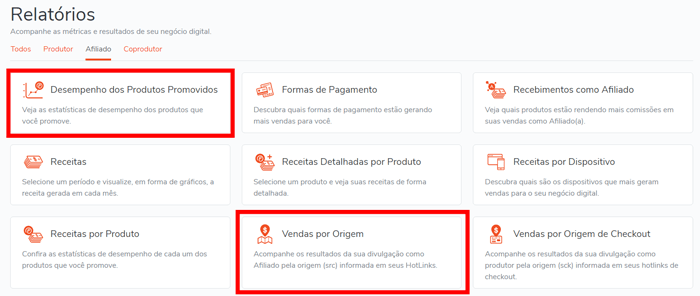 Clique e vendas na Hotmart - Relatórios- de produtos promovidos na Hotmart